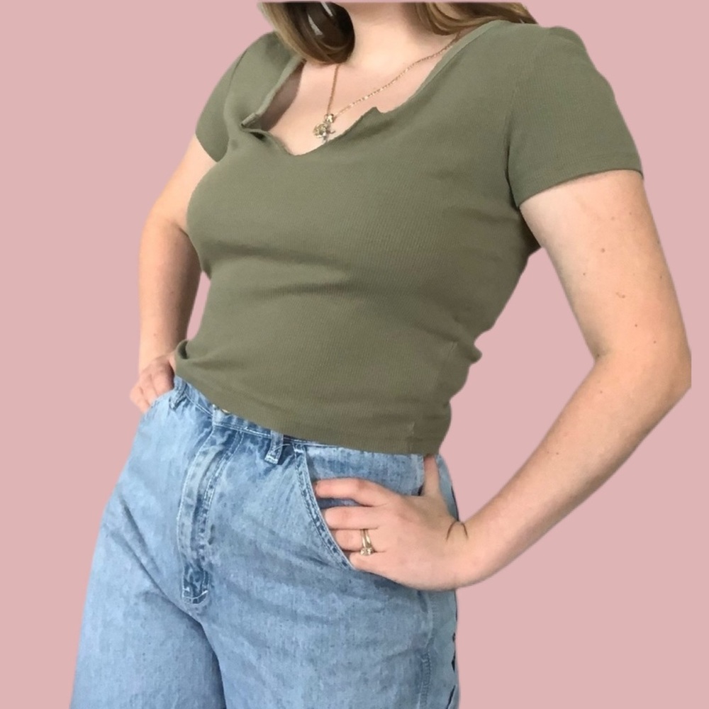 Olive Green Cropped V-Neck